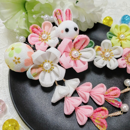 つまみ細工 髪飾り 白 ピンク うさぎ パールチェーン付 七五三 3才 7才