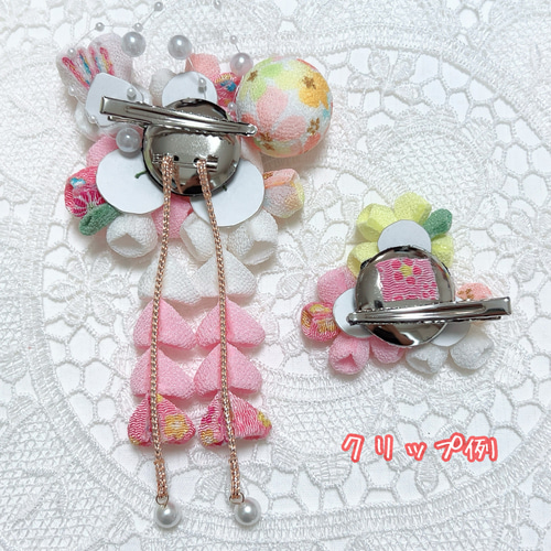 つまみ細工 髪飾り 白 ピンク うさぎ パールチェーン付 七五三 3才 7才