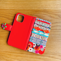【ほぼ全機種対応】レトロなiPhoneケース  スマホケース 赤のエキゾチックレトロ 手帳型 iPhone15 5枚目の画像