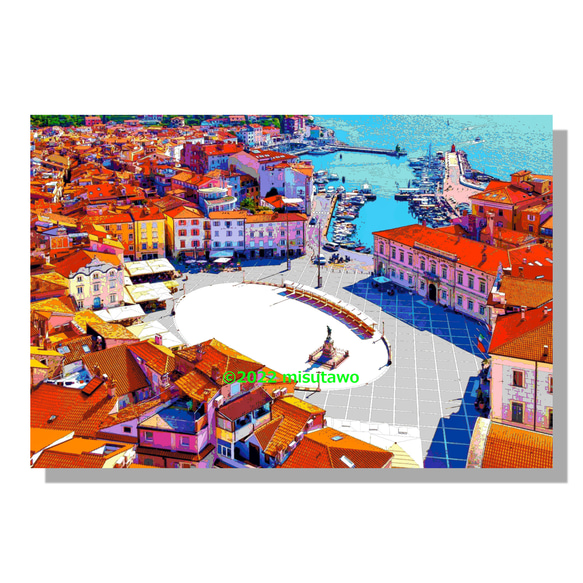 【選べる3枚組ポストカード】スロベニア ピランの港とタルティーニ広場【作品No.429】 1枚目の画像
