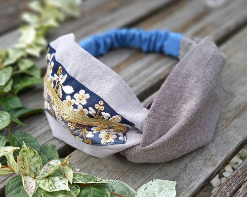 インド刺繍リボンのヘアターバン(ジャスミン小花no.170・ブルー