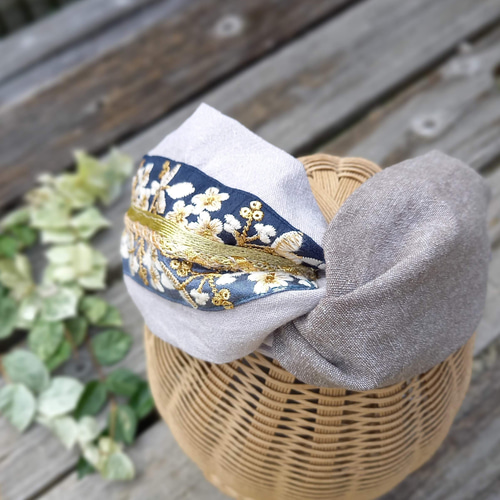 インド刺繍リボンのヘアターバン(ジャスミン小花no.170・ブルー