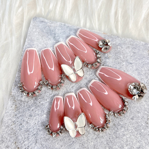 チップ種類、カラー・パーツ変更可能》ピンク細フレンチバタフライ韓国  