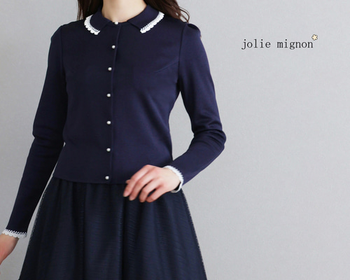 ネイビーリボン付き長袖カーディガン Diosfront カーディガン ワンポイントリボン刺繍ニット