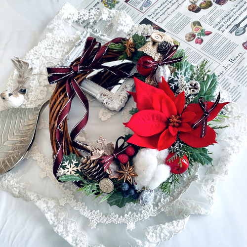 早割クリスマス＊お洒落なポインセチアのクリスマスリース＊直径27