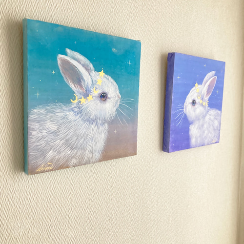 原画 星と月とうさぎ1 /お正月 絵画 インテリア アート 動物 壁