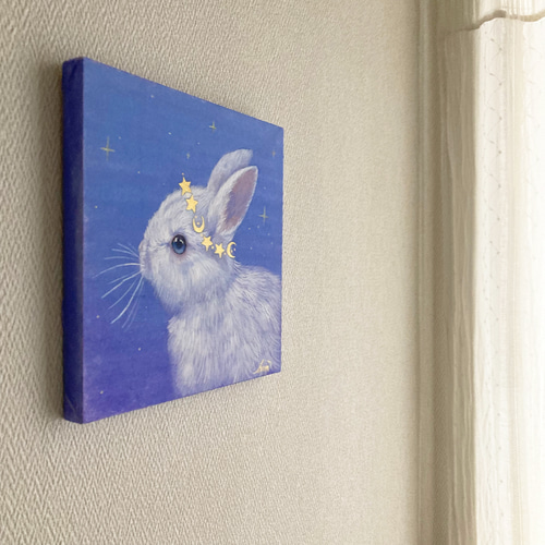 油絵 油彩 油彩画 絵 絵画【お月見に満月の星空を見上げるウサギ