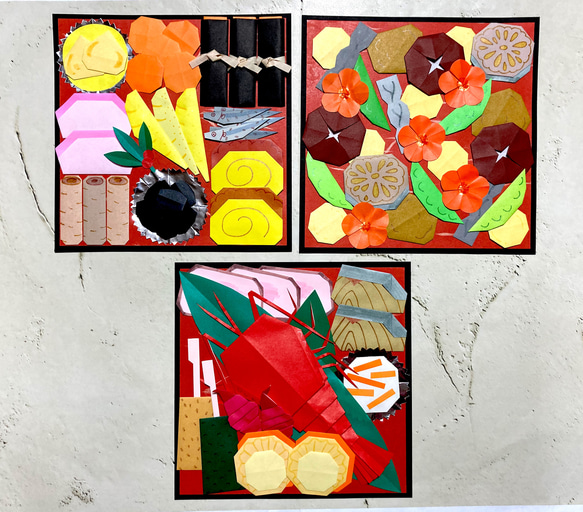 おせち料理・三段重/壁面飾り/折り紙、和紙、画用紙 おせち料理・三段重/壁面飾り/折り紙、和紙、画用紙