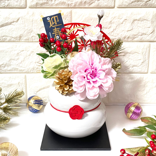 再販4－ 迎春 2026年 鏡餅フラワーポットアレンジ 大 アートフラワー