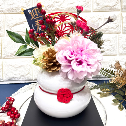 再販4－ 迎春 2026年 鏡餅フラワーポットアレンジ 大 アートフラワー