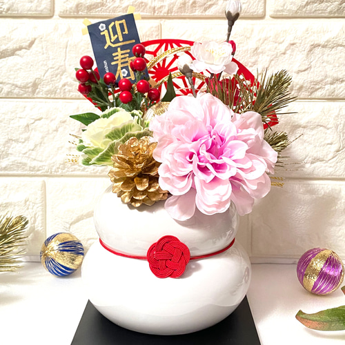 再販4－ 迎春 2026年 鏡餅フラワーポットアレンジ 大 アートフラワー