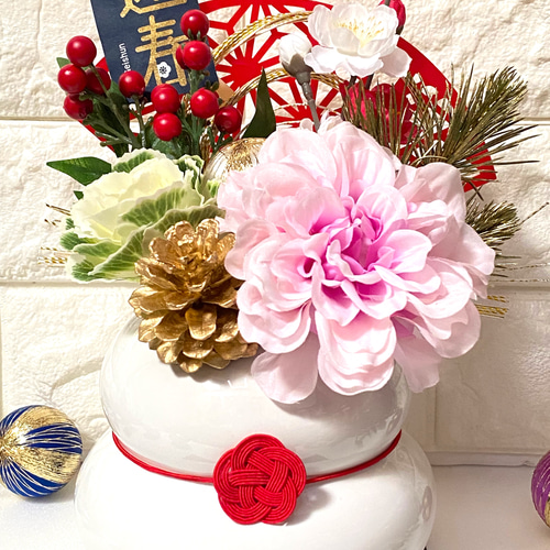 再販4－ 迎春 2026年 鏡餅フラワーポットアレンジ 大 アートフラワー