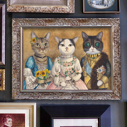 値引きする オーダーの品 自作絵画 猫とうさぎの肖像画 （《見本の額が 絵画