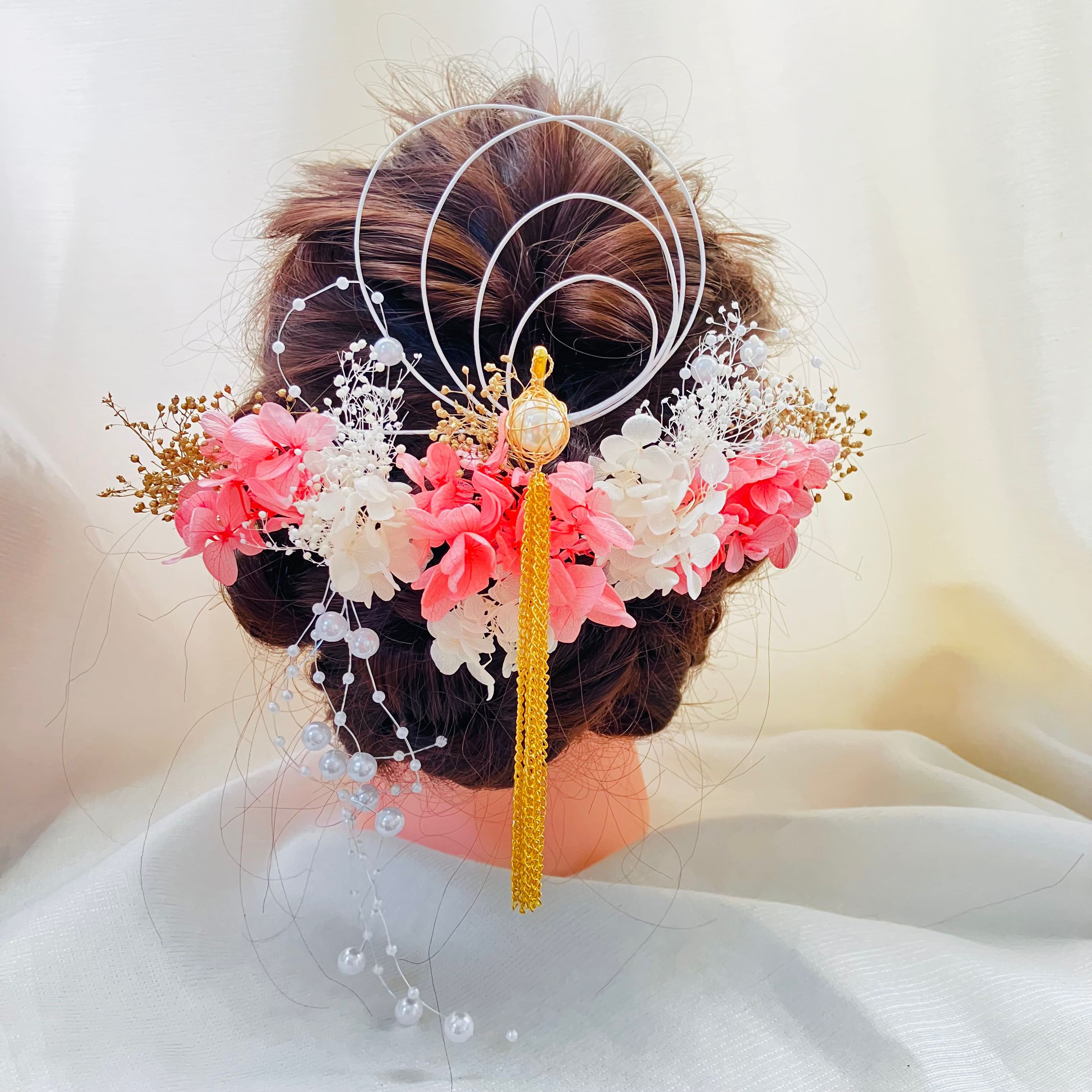 揺れるパール簪【成人式髪飾り】【結婚式髪飾り】【卒業式髪飾り】【ウェディング】簪　水引　金箔　振袖　袴　チュール　成人式