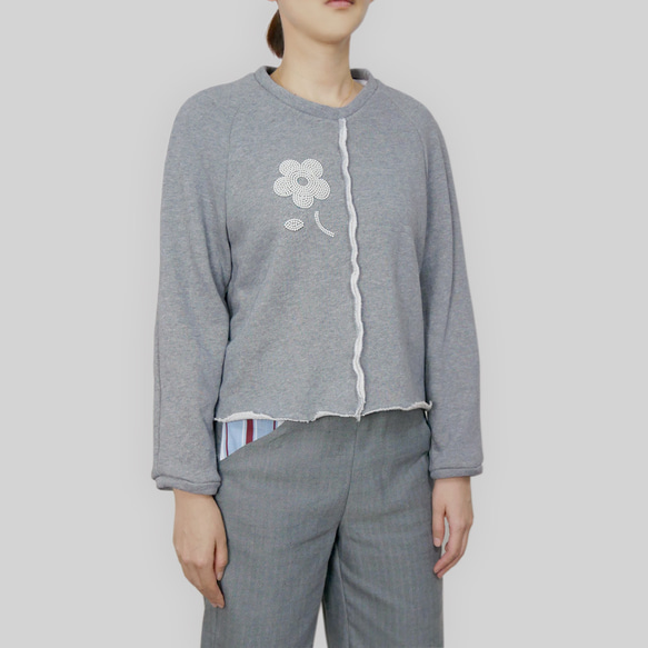 花灰色繡珠短版針織T-Shirt 第2張的照片