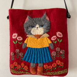 シャム猫さんとお花畑 羊毛フェルト生地のバッグ ハンドバッグ はな
