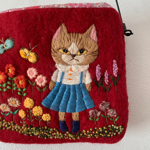 猫さんの春のお散歩 羊毛フェルト生地のバッグ