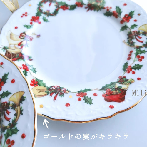 k*読様 クリスマスひいらぎ装飾の皿 27cm 2枚セット 受注制作】キラキラ煌めくクリスマスリース16.6cmプレート（ケーキ皿
