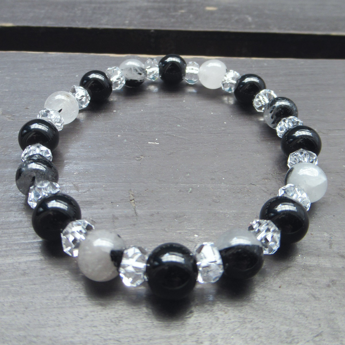 モリオンデザブレ 黒水晶・モリオンxブラックルチルクォーツxカット水晶ブレスレット
