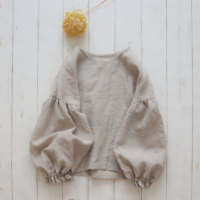 coco バルーンブラウス 長袖  Belgium linen 100% *kinari　※受注制作※
