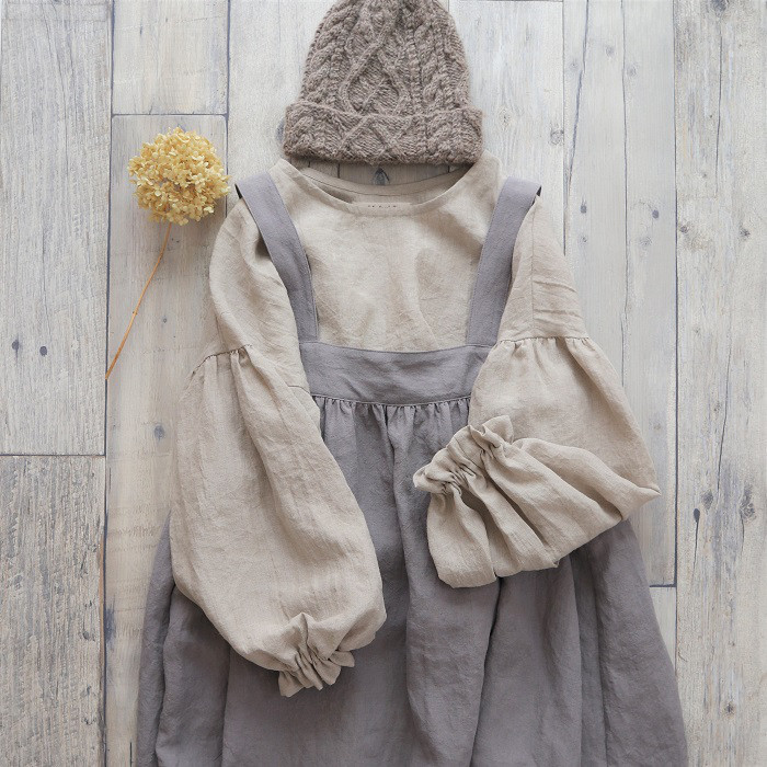 coco バルーンブラウス 長袖  Belgium linen 100% *kinari　※受注制作※