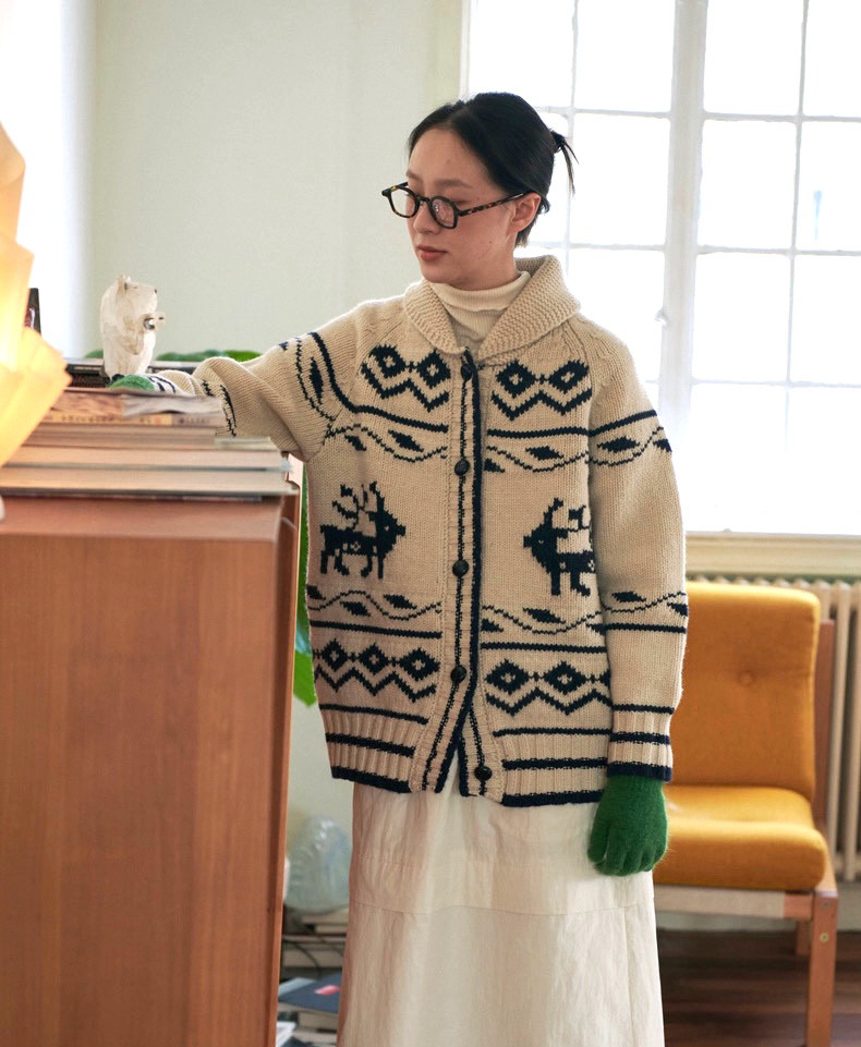 3色【ウール100%】北欧風編みセーター/カーディガン【秋冬】アイボリー/ネイビー
