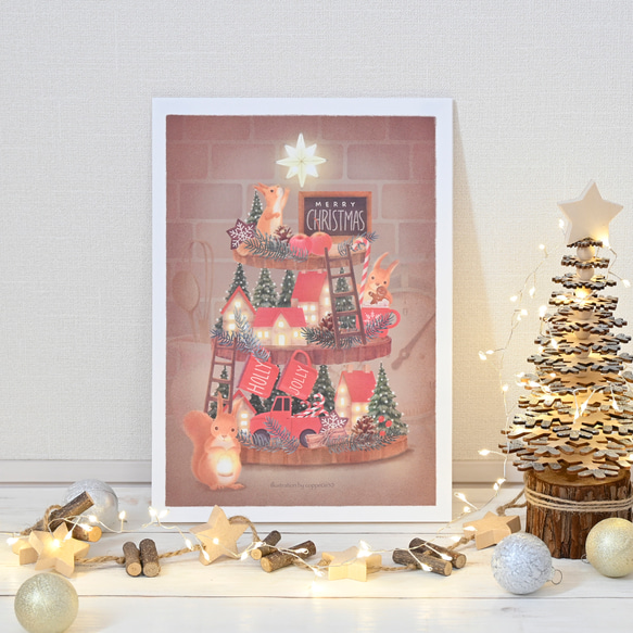 「リスとティアードトレイのクリスマス」A4ポスター 3枚目の画像