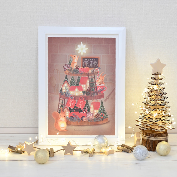 「リスとティアードトレイのクリスマス」A4ポスター 2枚目の画像