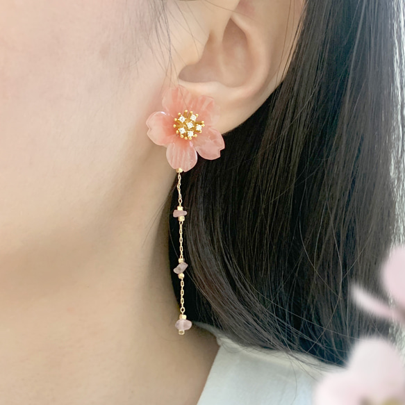 耳環 櫻花 樹脂 草莓晶 水晶 醫療鋼耳針 純銀耳針 耳夾 禮物 第2張的照片