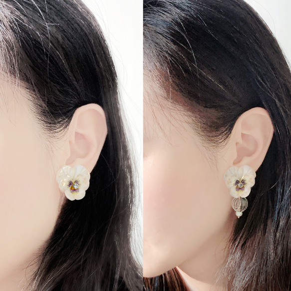 耳環 三色堇 樹脂 珍珠 醫療鋼耳針 純銀 耳夾 禮物 禮盒 生日 第6張的照片