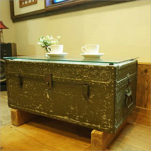 ミリタリーボックス 強化ガラス ローテーブル ヴィンテージ  