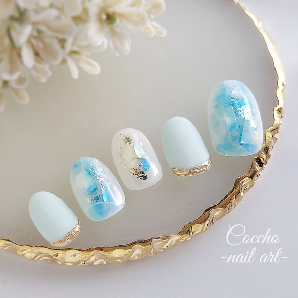 サイズオーダー♡ニュアンスミラー天然石ネイルチップ ブルー