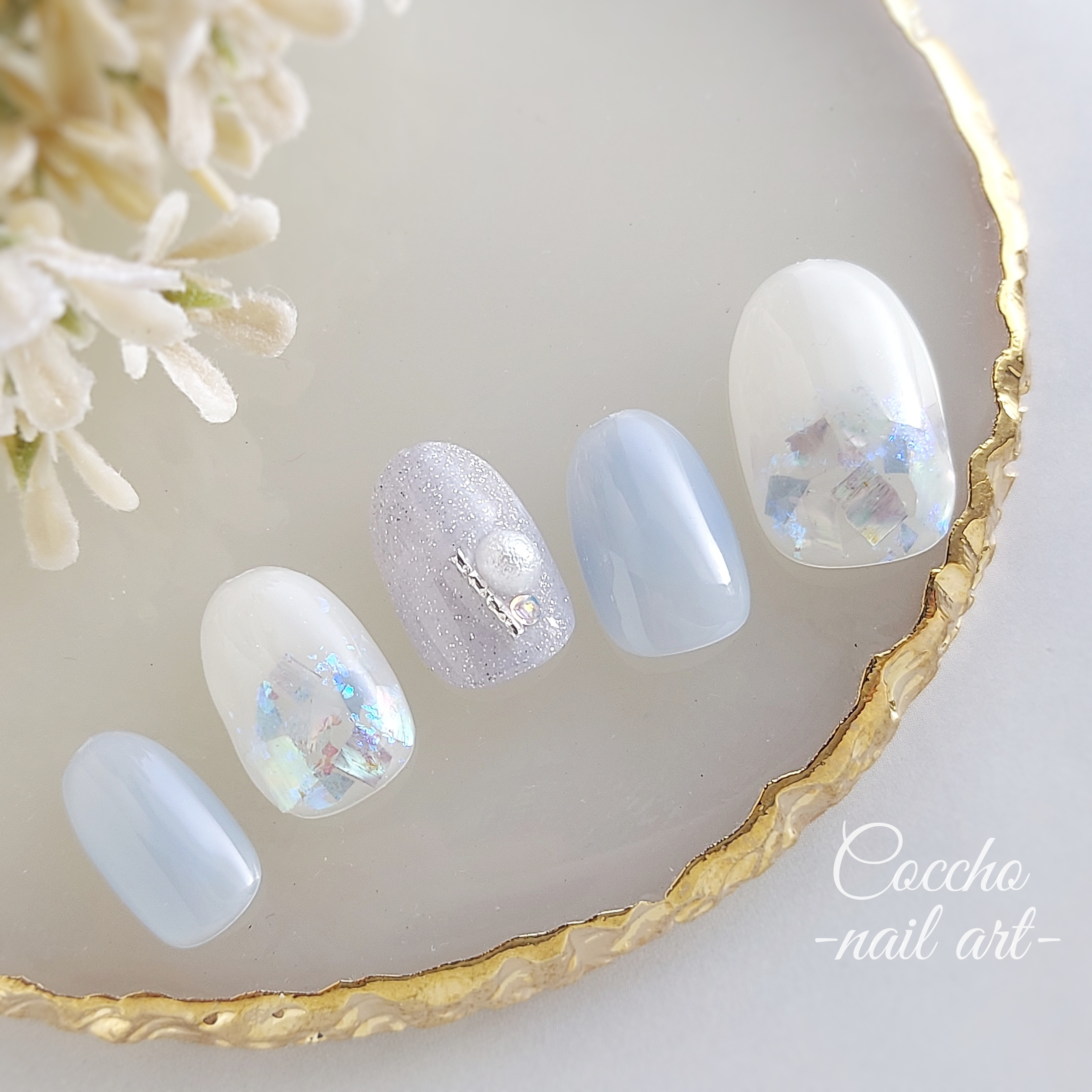 No.139 ジェルネイル ネイルチップ 水色 青 グレー シェル 冬