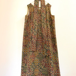 レトロな小紋 Aラインワンピース&リボンベルト 着物リメイク