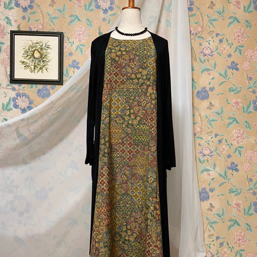 レトロな小紋 Aラインワンピース&リボンベルト 着物リメイク