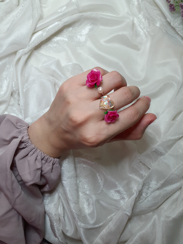 Elegant Rose Ring Set With Heart And Pearl 第5張的照片