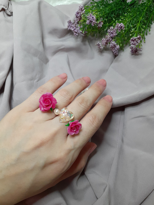 Elegant Rose Ring Set With Heart And Pearl 第4張的照片