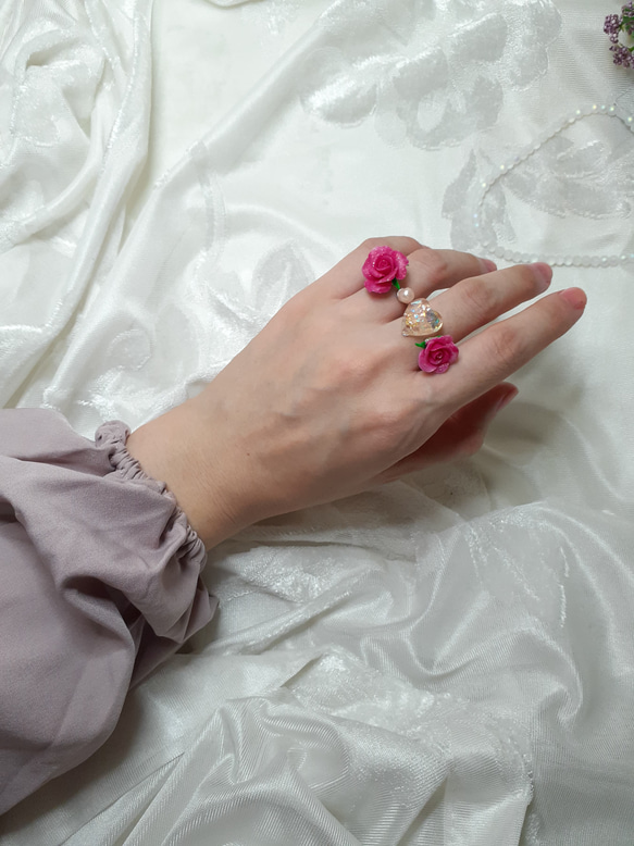 Elegant Rose Ring Set With Heart And Pearl 第1張的照片