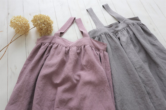 《販売終了》【受注制作】花摘みワンピース  Belgium linen 100%* mauve pink/ gray 2枚目の画像