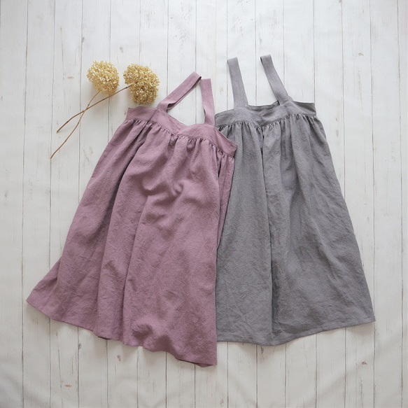 《販売終了》【受注制作】花摘みワンピース  Belgium linen 100%* mauve pink/ gray 1枚目の画像