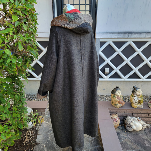 着物リメイク 古布 手作り 全て 刺し子 フード付き コート ワンピース