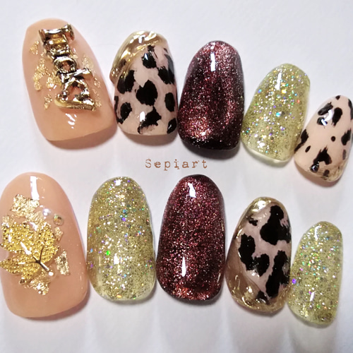 オーダーネイルチップNo.76 レオパード柄 大人可愛い マグネットベース ネイルチップ 量産型 ヒョウ柄 ハート レオパード マグネット