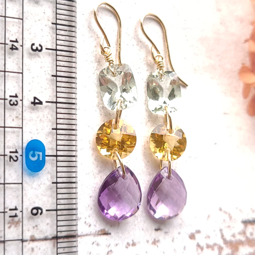 maumaumau様◆専用グリーンアメシスト/MOPトリプレット×トパーズピアス 天然石 14kgf 宝石質グリーンアメジスト&シトリン&アメジストの