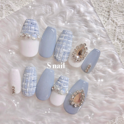 ネイルチップ 水色 青 ブルー ツイード 韓国 ストーン ガーリー ネイル