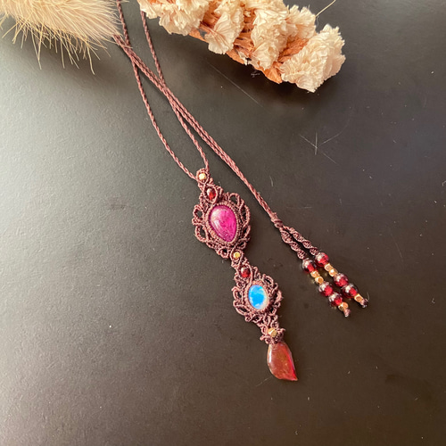 希少石アンモライト×ルビー×オパール×ガーネットのマクラメネックレス