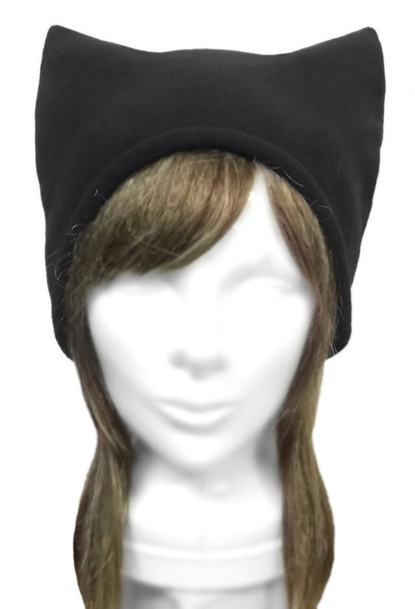 シンプル 猫耳帽子◆フリースニット／ブラック　◇ゆったりサイズ・寒い季節におすすめ(秋冬)◇ 2枚目の画像