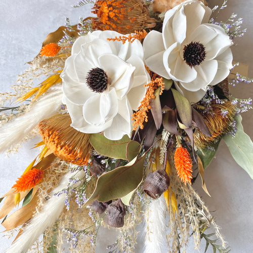 気持ち華やぐオレンジブラウンのスワッグ❀ブーケ プリザーブド