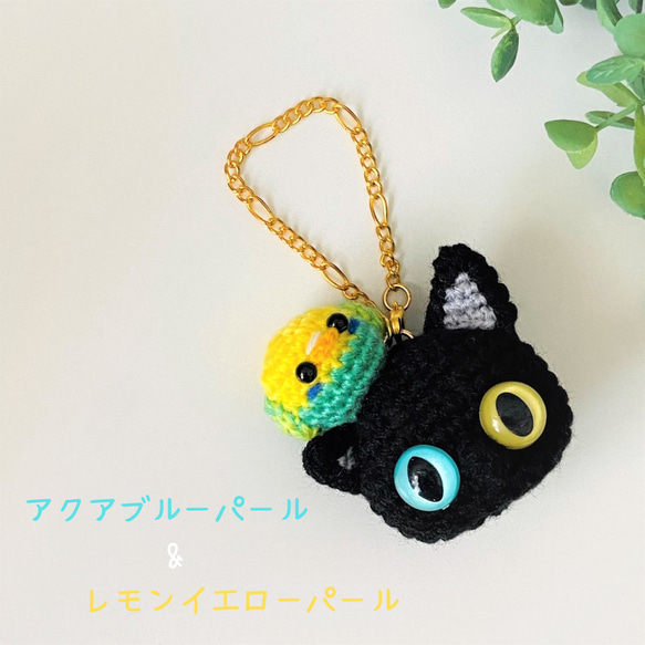 セキセイインコと黒猫のバッグチャーム/キーホルダー♡あみぐるみ◆受注製作品 4枚目の画像