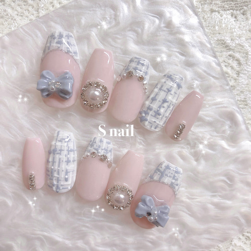 ネイルチップ くすみブルー 水色 ツイード リボン フレンチネイル  