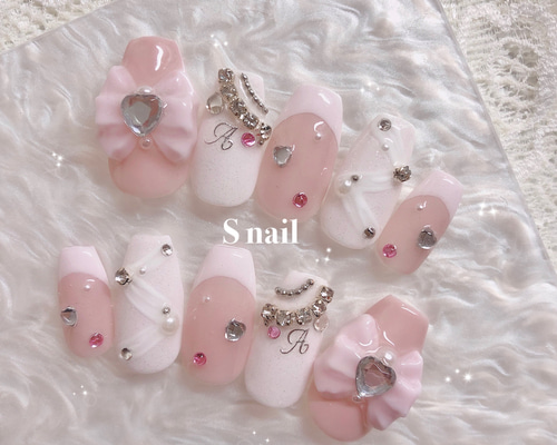 ネイルチップ ピンク リボン ストーン ガーリー リボン フレンチネイル